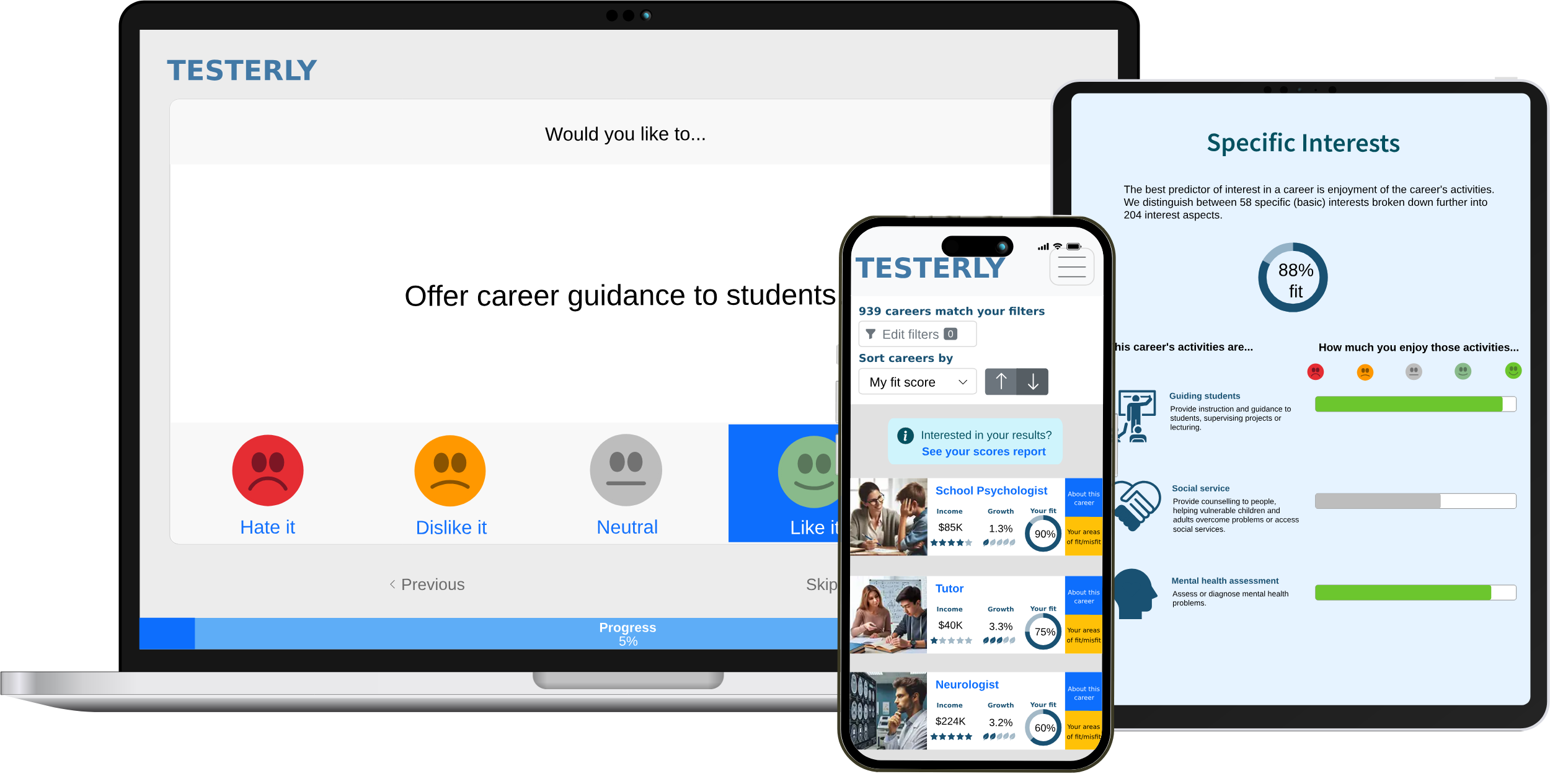 Screenshots of the career test and reports on a laptop, phone, and tablet